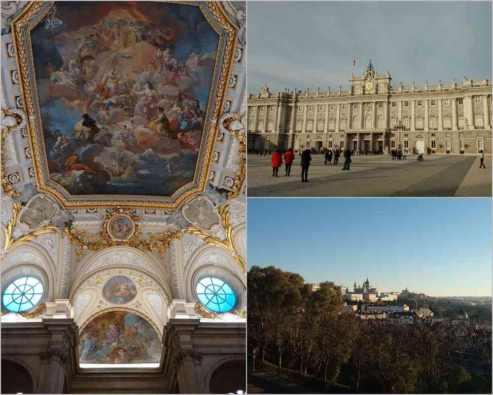 Foto: A esquerda, uma parte do interior do Palácio Real Madrid, da direita (acima) o exterior do Palácio e (abaixo) a vista do Palácio Real de Madrid e da Catedral em meio à cidade.