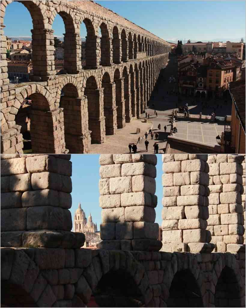 Detalhe dos blocos de granito do Aqueduto. Na foto abaixo, ao fundo, a Catedral de Segóvia. Fotos: Arquivo Pessoal/Divulgação.