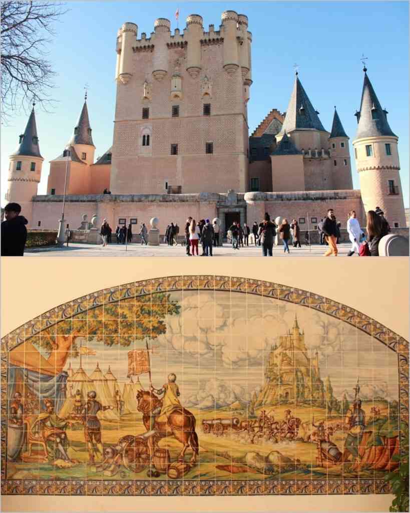 Na foto de cima temos a entrada do Castelo, que é realizada por trás da construção. Sua frente fica na ponta do penhasco, voltada para os vales da cidade. Na foto de baixo vemos essa pintura em azulejos e percebemos a imponência do castelo visto de longe. Fotos: Arquivo Pessoal/Divulgação.