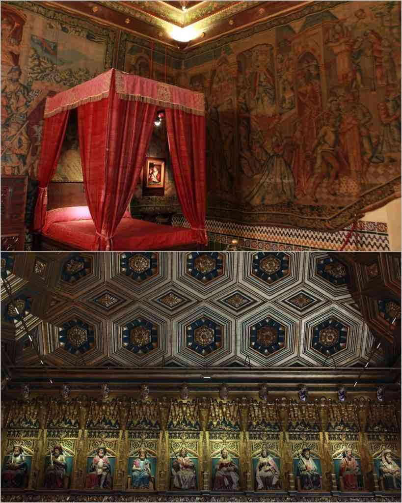 Na foto de baixo vemos os detalhes do Teto da Sala dos Reis - Decorado com as representações dos reis de Astúrias, Castilla e León. Construído na época de Felipe II. Fotos: Arquivo Pessoal/Divulgação.