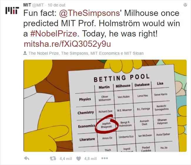 "curiosidade, Milhouse, de 'Os Simpsons', uma vez previu que o professor Holmstrom venceria o Prêmio Nobel. Hoje ele acertou", twittou a página oficial do MIT. (Foto: Reprodução/Twitter)