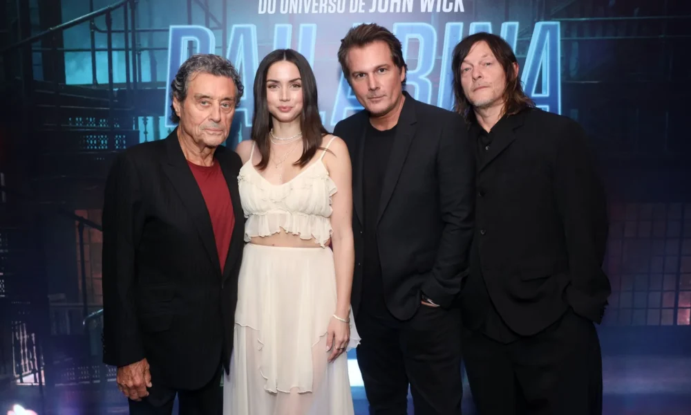 Os atores Ian McShane, Ana de Armas, Len Wiseman, e Norman Reedus no coquetel de Bailarina, na CCXP24.