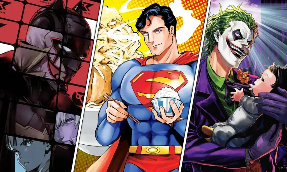 Colagem do site "DC Universe Infinite" com divulgação de três obras: Batman, Superman, Coringa.