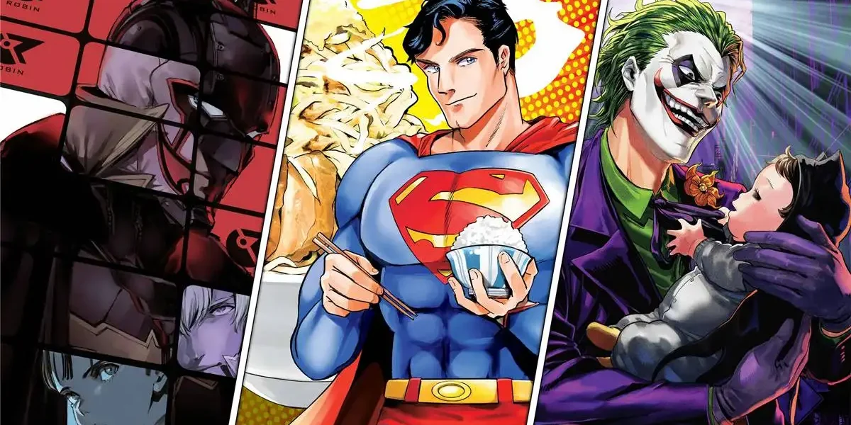 Colagem do site "DC Universe Infinite" com divulgação de três obras: Batman, Superman, Coringa.