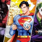 Colagem do site "DC Universe Infinite" com divulgação de três obras: Batman, Superman, Coringa.
