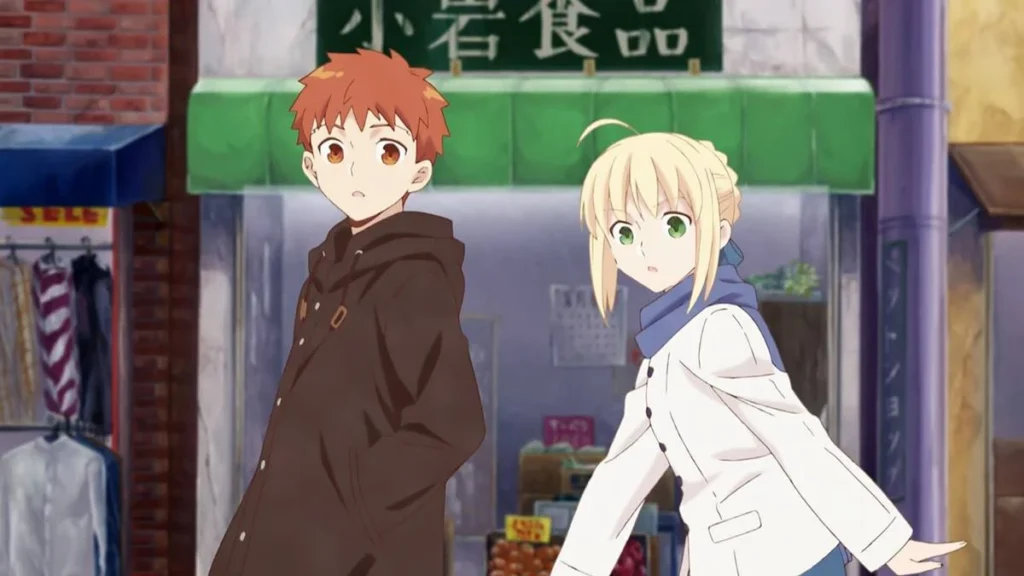 6 Animes de Culinária para Não Assistir com Fome! 2 Shirou e Saber olhando para a câmera, olhando de lado, na frente de um mercado de comidas. Personagens são de "Emiya-san Chi no Kyou no Gohan" ou "Today's Menu for the Emiya Family", spin-off da série Fate.