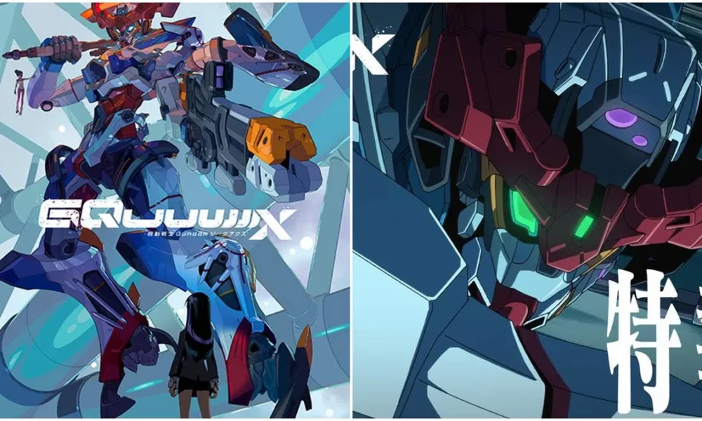 À esquerda, pôster de Mobile Suit Gundam Gquuuuuux, nova série da franquia anunciada para 2025, com um robô gigante sendo avistado por baixo por uma protagonista de costas. À direita cena do trailer, com o mesmo robô em foco.