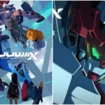 Como sobreviver à CCXP24 | Um Guia Completo Para Um Verdadeiro Fã À esquerda, pôster de Mobile Suit Gundam Gquuuuuux, nova série da franquia anunciada para 2025, com um robô gigante sendo avistado por baixo por uma protagonista de costas. À direita cena do trailer, com o mesmo robô em foco.