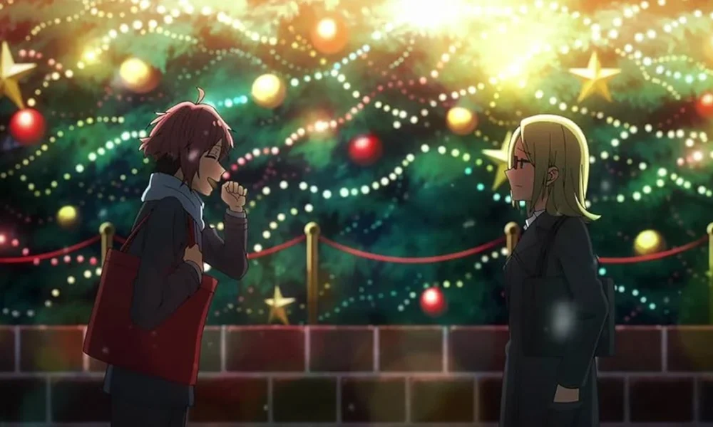 Personagens de Horimiya na frente de uma árvore de natal na rua.