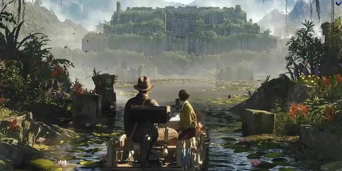 Indiana Jones and the Great Circle | O que você precisa saber sobre o novo game de Indiana Jones? Captura de tela do jogo, "Indiana Jones and the Great Circle". Acompanhamos o protagonista acompanhado em um barco em um rio cheio de nenúfares em uma selva tropical, ao fundo há uma pirâmide de aparência mesoamericana.