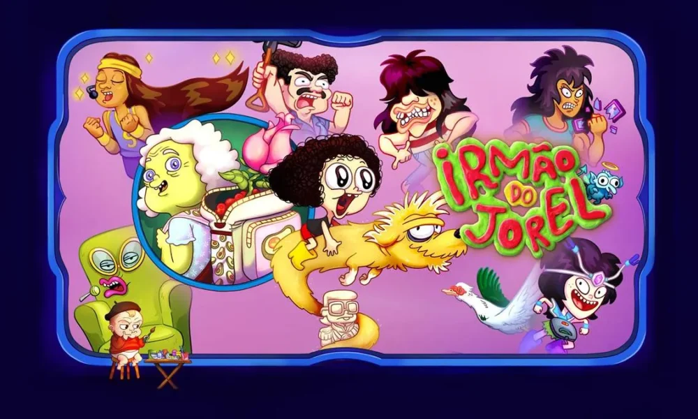 Card de divulgação da Max da série "Irmão do Jorel", com vários personagens espalhados de forma lúdica com cenas do desenho.