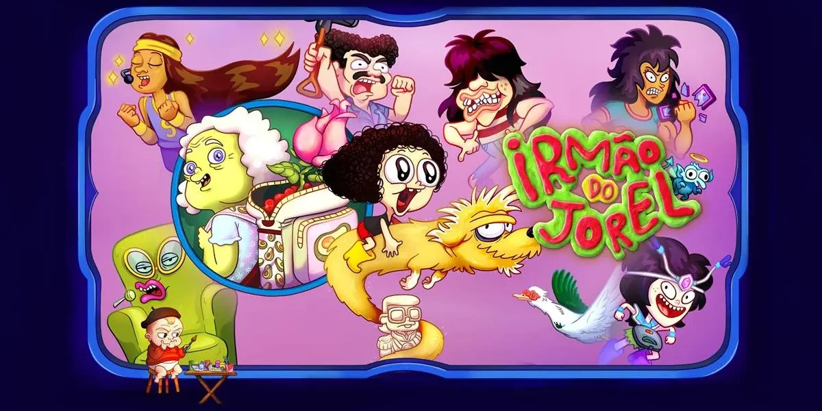 Irmão do Jorel | O Painel de 10 Anos da Série na CCXP24 Card de divulgação da Max da série "Irmão do Jorel", com vários personagens espalhados de forma lúdica com cenas do desenho.