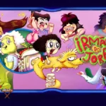 Card de divulgação da Max da série "Irmão do Jorel", com vários personagens espalhados de forma lúdica com cenas do desenho.