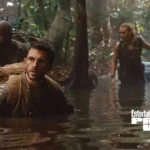 Personagens de Jurassic World Rebirth em um pântano, trajados com roupas de exploração.