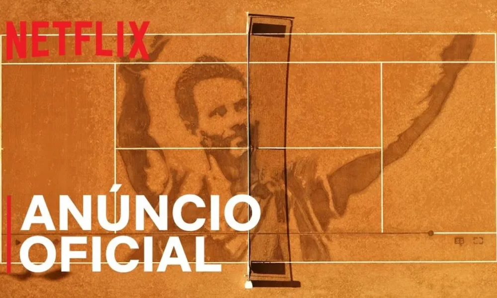 Thumbnail de anúncio da série documental "Rafa", sobre o tenista espanhol Rafael Nadal. À esquerda, inferior direito, está escrito "anúncio oficial". A figura de Rafael Nadal está desenhada em relevo em uma quadra de tênis vista de cima.
