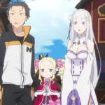 Captura de tela de episódio de Re:Zero. Os protagonistas Subaru e Emilia estão com feições surpresas. Beatrice faz uma cara séria, ao meio dos dois.