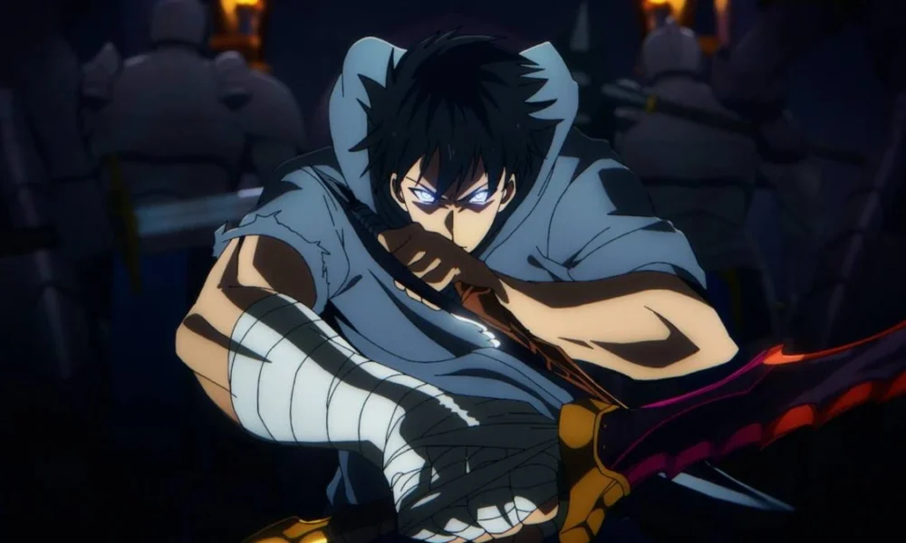 O protagonista de Solo Leveling em posição de combate. Capa para a matéria "Os Piores Animes de 2024".