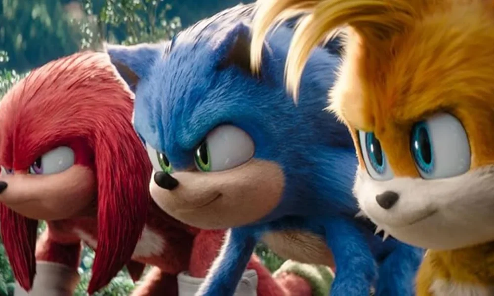 Trio Knuckles, Sonic, Tails, em posição para uma corrida no filme "Sonic 3", da Paramount.