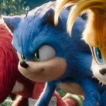 Trio Knuckles, Sonic, Tails, em posição para uma corrida no filme "Sonic 3", da Paramount.