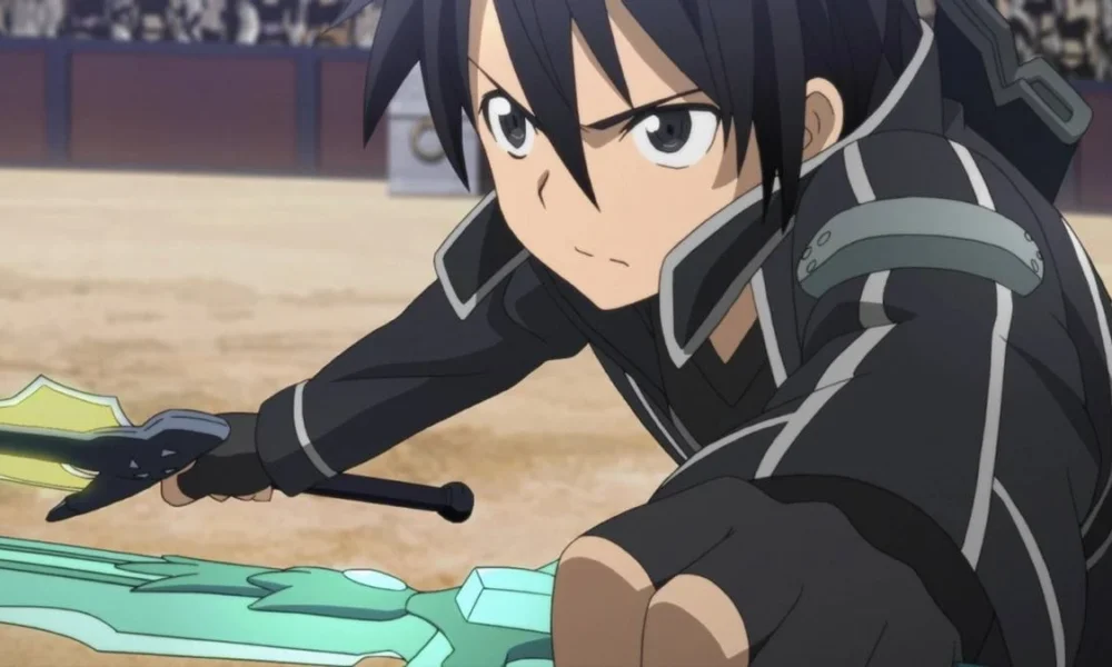 Kirito, protagonista de Sword Art Online, empunhando duas espadas em uma arena.