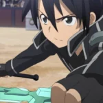 Kirito, protagonista de Sword Art Online, empunhando duas espadas em uma arena.