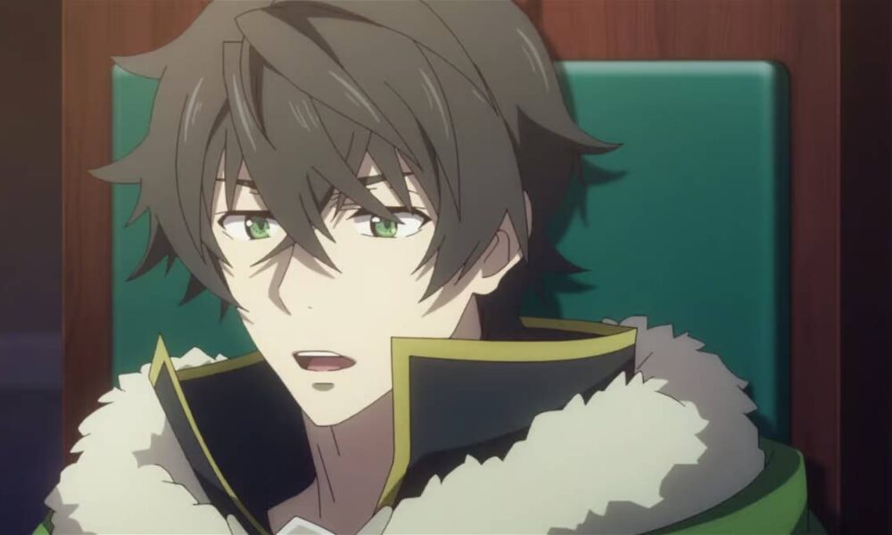 Naofumi de "Tate no Yuusha no Nariagari" sentado em uma cadeira. Anime está disponível pela Crunchyroll.