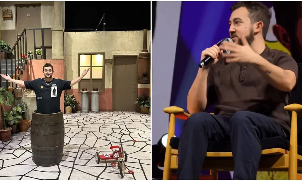 Colagem com foto do perfil do instagram de Vincent Martella à esquerda, no barril de chaves, e imagem de divulgação de sua vinda para a CCXP24 no Palco Thunder, à direita, sentado em uma cadeira e com microfone na mão.