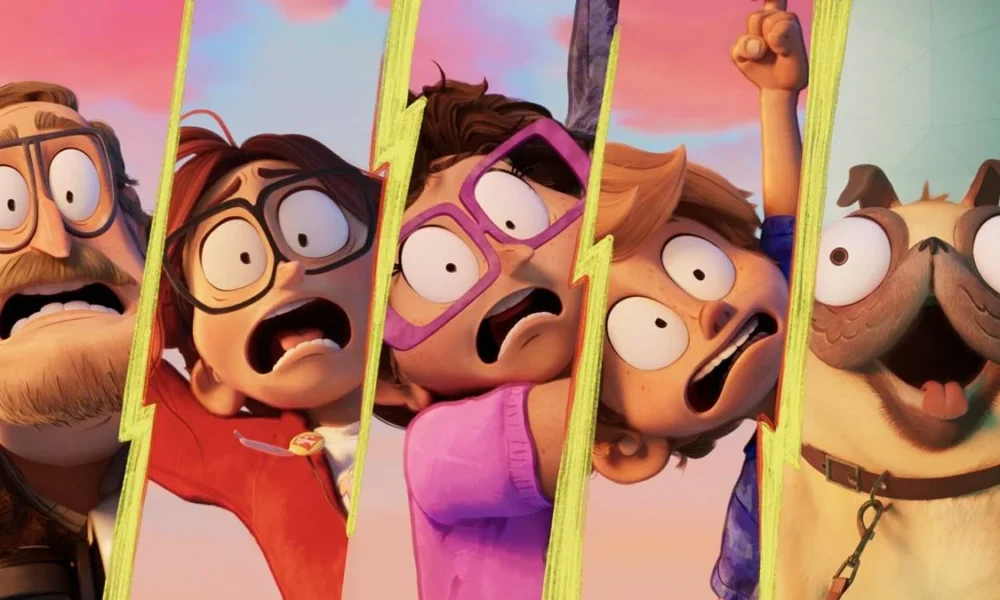 Banner com separação dos rostos, assustados, de cinco membros da Família Mitchell em "A Família Mitchell e a Revolta das Máquinas", filme da Netflix exibido na Sessão da Tarde. Todos estão com feição assustada, com exceção do quinto quadro, o do pug.