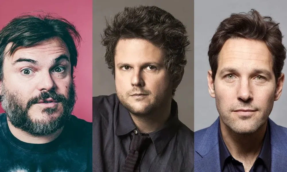 Colagem com três fotos de perfil do elenco de "Anaconda" (2025), com Jack Black, Selton Mello, e Paul Rudd.