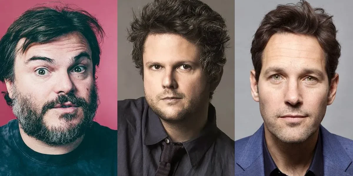 Colagem com três fotos de perfil do elenco de "Anaconda" (2025), com Jack Black, Selton Mello, e Paul Rudd.