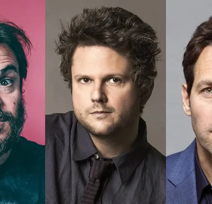 Colagem com três fotos de perfil do elenco de "Anaconda" (2025), com Jack Black, Selton Mello, e Paul Rudd.