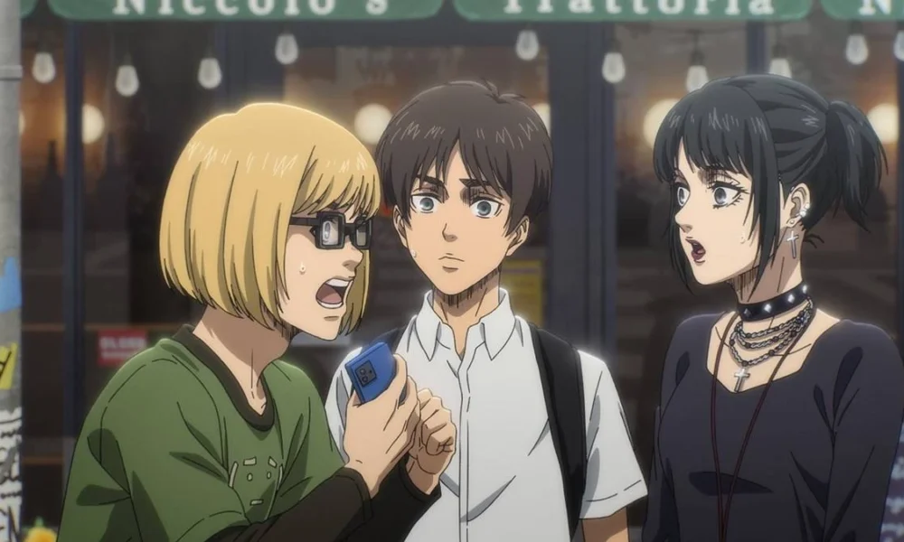 Armin, Eren, e Mikasa em uma realidade alternada do filme de Shingeki.