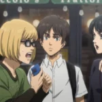 Armin, Eren, e Mikasa em uma realidade alternada do filme de Shingeki.