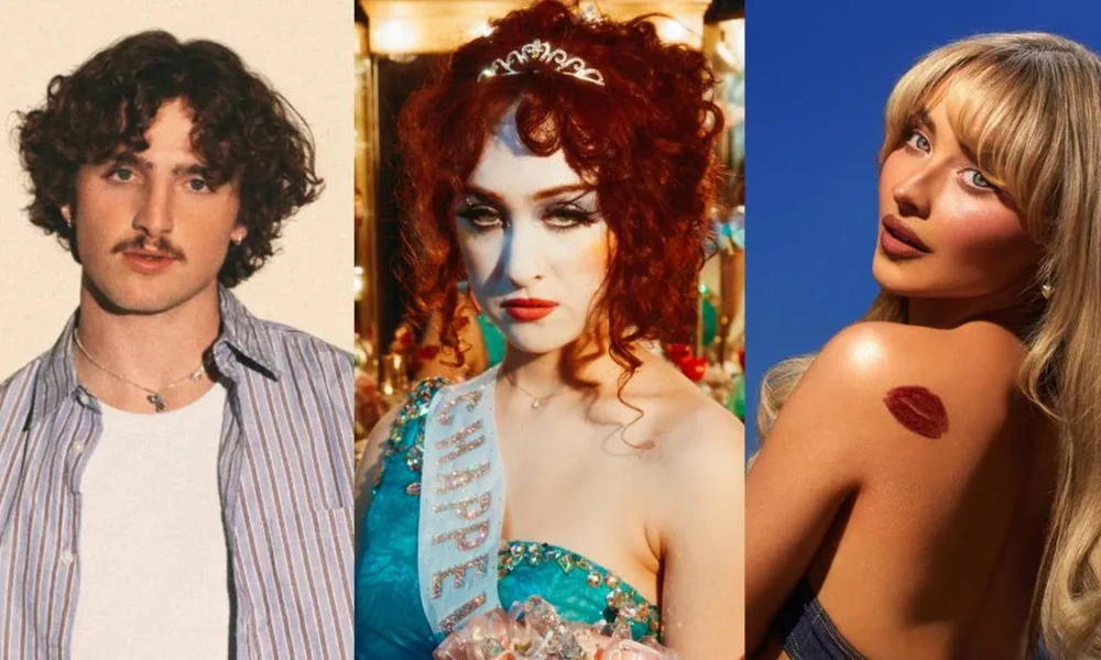 Benson Boone, Chappel Roan, Sabrina Carpenter, em colagem com fotos suas no Spotify. Artistas performarão no Grammy 2025.