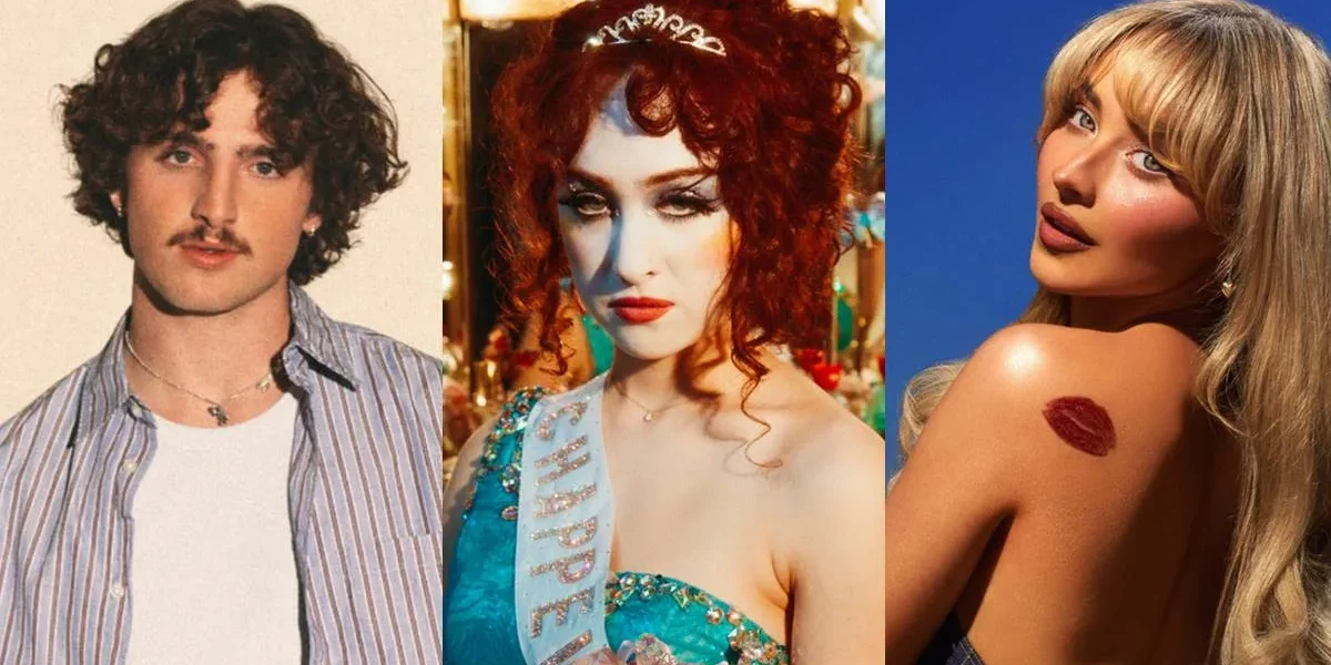 Grammy 2025 | Academia Divulga as Performances na Premiação Benson Boone, Chappel Roan, Sabrina Carpenter, em colagem com fotos suas no Spotify. Artistas performarão no Grammy 2025.