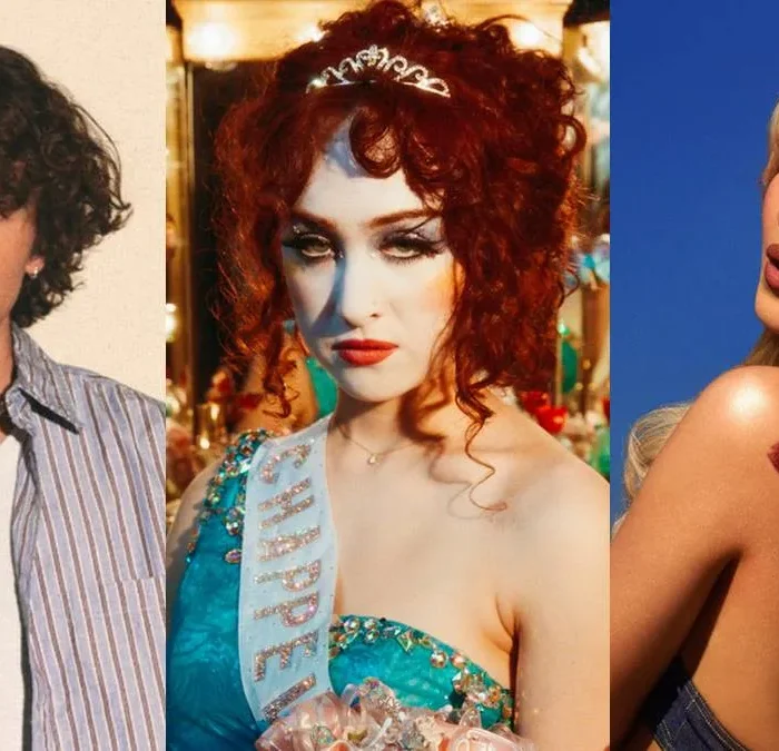 Benson Boone, Chappel Roan, Sabrina Carpenter, em colagem com fotos suas no Spotify. Artistas performarão no Grammy 2025.