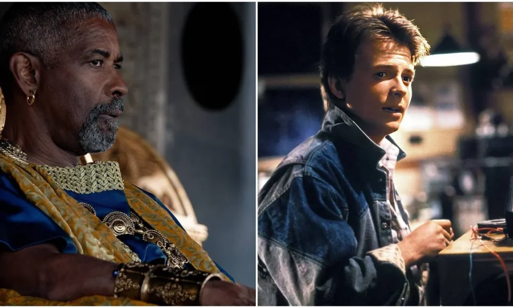 Denzel Washington à esquerda, em seu papel em "Gladiador 2", e Michael J. Fox, à direita, em seu papel em "De Volta Para o Futuro" (1985).