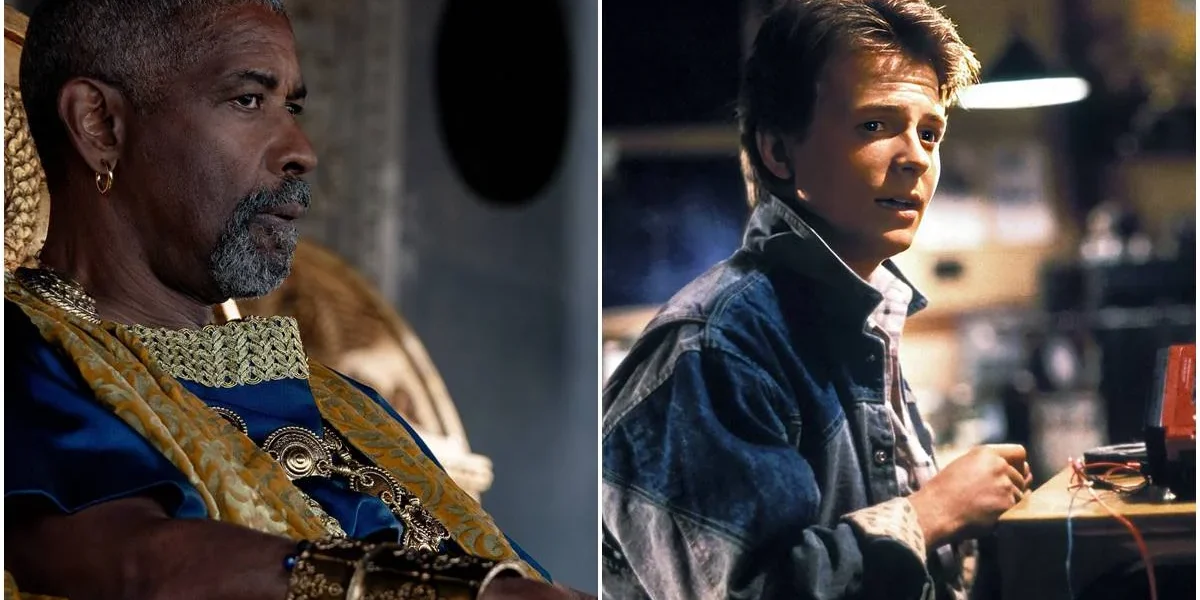 Denzel Washington à esquerda, em seu papel em "Gladiador 2", e Michael J. Fox, à direita, em seu papel em "De Volta Para o Futuro" (1985).