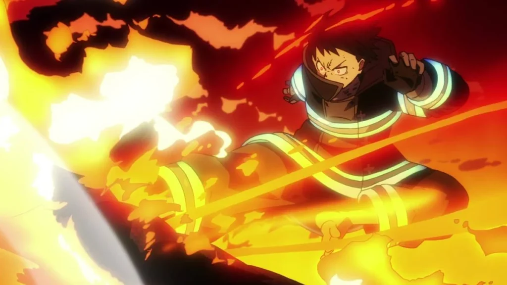 11 Principais Animes de 2025 | O Que Volta e o Que Estreia 3 Protagonistga Shinra Kusakabe uniformizado durante primeiro episódio de "Enen no Shouboutai" (2019), ou "Fire Force". Ele está dando um chute com a perna direita num foco de fogo.