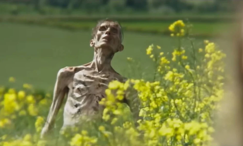Um morto-vivo conforme visto em uma campina, com flores amarelas à frente da tela, no trailer de "Extermínio: Evolução" (2025).