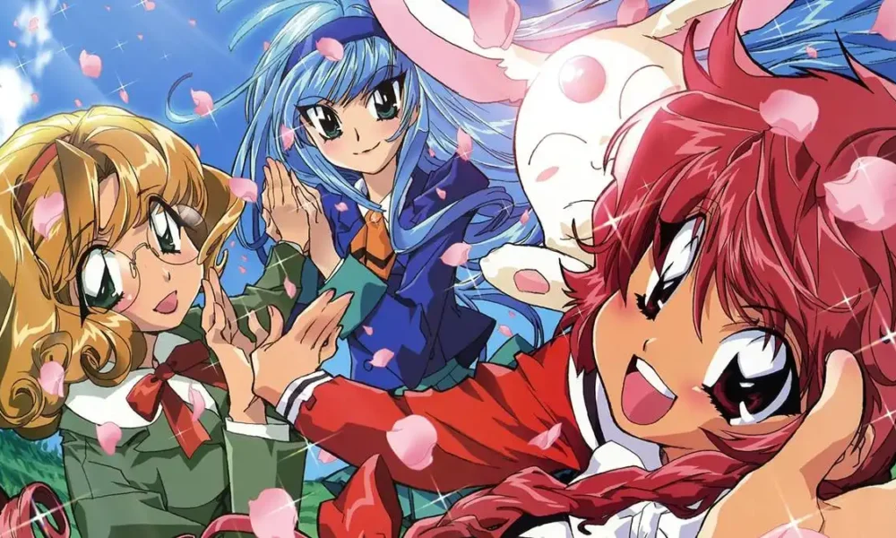 As três protagonistas de "Guerreiras Mágicas de Rayearth" (1994): Lucy, Marine, e Anne, vistas conforme uma câmera com um sutil efeito olho de peixe.