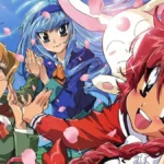 As três protagonistas de "Guerreiras Mágicas de Rayearth" (1994): Lucy, Marine, e Anne, vistas conforme uma câmera com um sutil efeito olho de peixe.