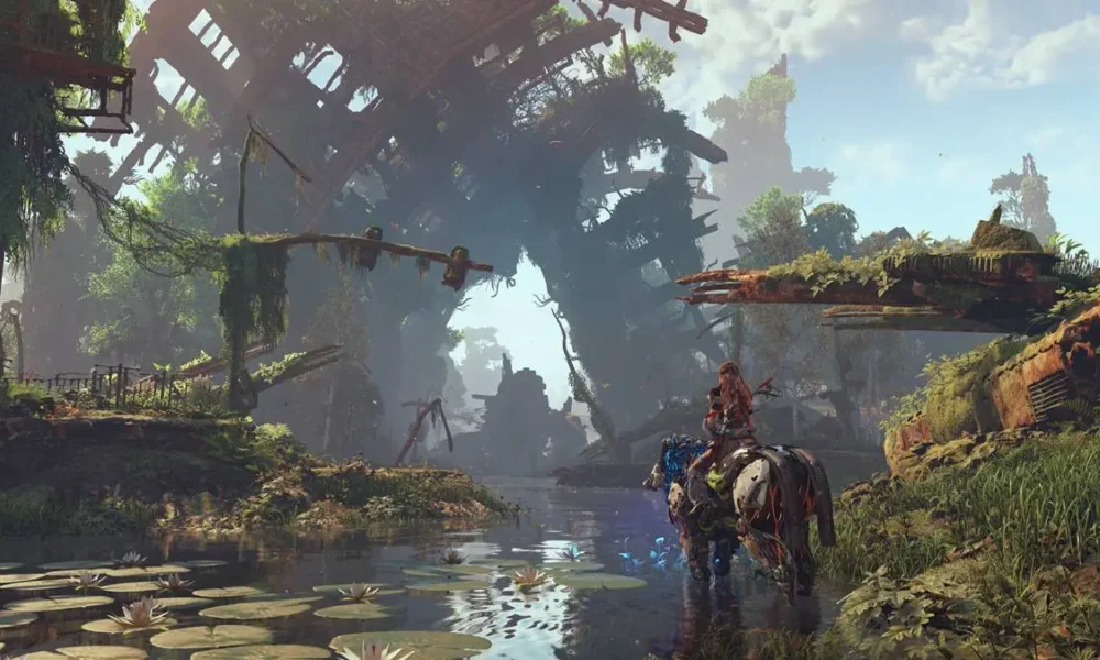 Aloy, protagonista de Zero Dawn, em montaria em paisagem deslumbrante do jogo "Horizon Zero Dawn".