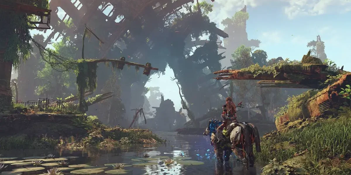Sony adaptará Horizon Zero Dawn e Helldivers 2, sucessos do Playstation, para os cinemas Aloy, protagonista de Zero Dawn, em montaria em paisagem deslumbrante do jogo "Horizon Zero Dawn".