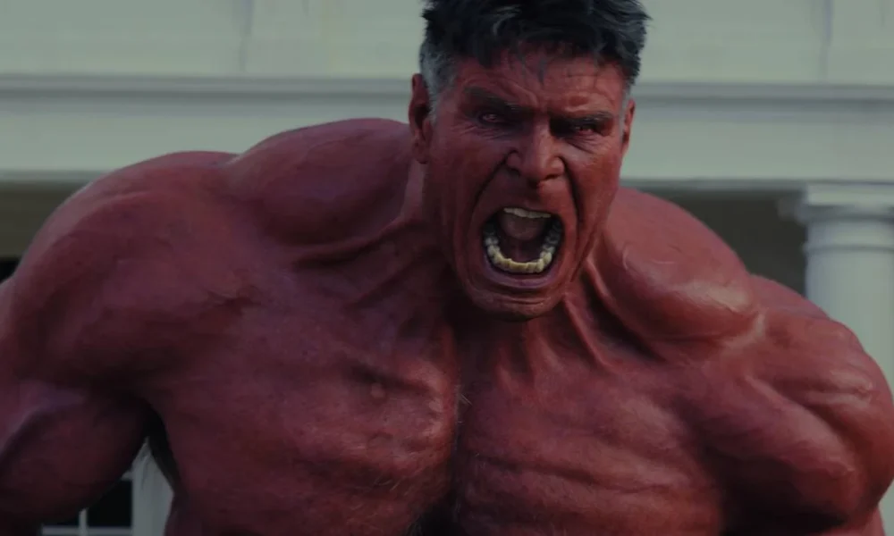 Hulk Vermelho, enfurecido, com destaque para seu busto (peito para cima) em "Capitão América: Admirável Mundo Novo" (2025).