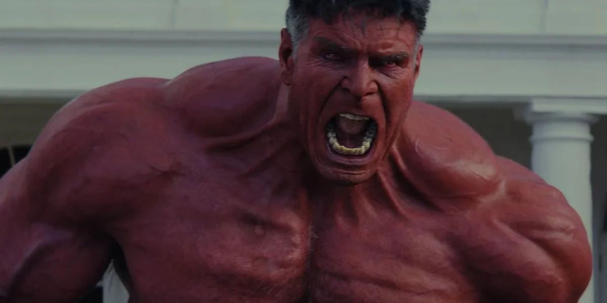 Hulk Vermelho, enfurecido, com destaque para seu busto (peito para cima) em "Capitão América: Admirável Mundo Novo" (2025).