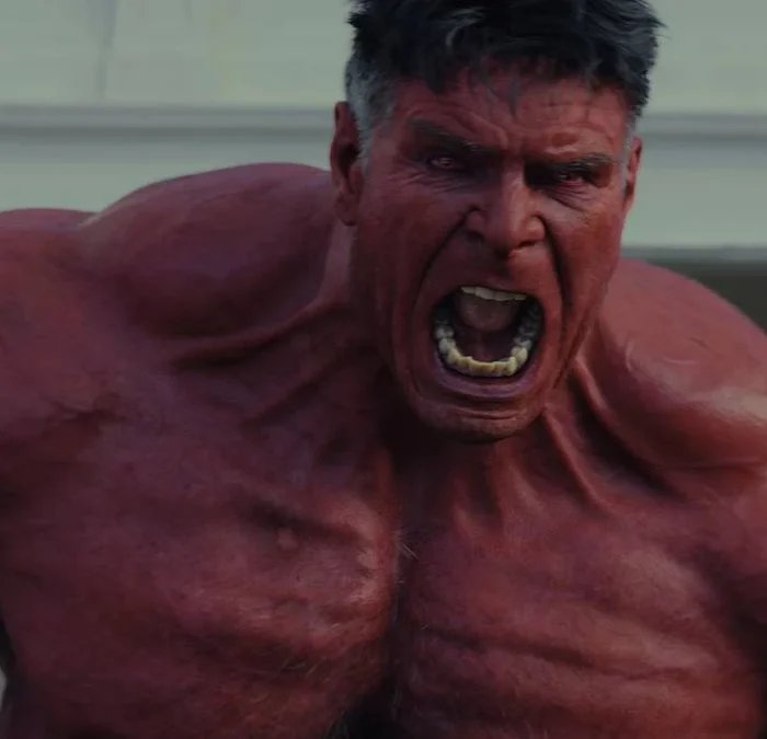 Hulk Vermelho, enfurecido, com destaque para seu busto (peito para cima) em "Capitão América: Admirável Mundo Novo" (2025).
