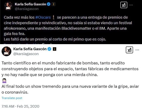Tweets Antigos de Karla Sofía Gascón Causam Polêmica na Internet 1 Compilado com tweets ofensivos da atriz Karla Sofía Gascón, no Twitter.
