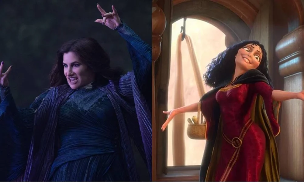 Colagem com a atriz Kathryn Hahn, à esquerda, com vestido longo azul de bruxa da feiticeira Agatha Harkness em "Agatha All Along" (2024). À direita a personagem Mother Gothel cantando com os braços abertos na torre de "Enrolados", animação da Disney de 2010. A associação das imagens em uma colagem de capa é pela informação de que a atriz interpretaria a personagem em live-action.