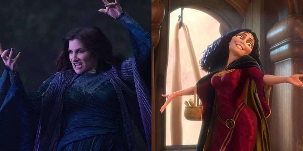 Colagem com a atriz Kathryn Hahn, à esquerda, com vestido longo azul de bruxa da feiticeira Agatha Harkness em "Agatha All Along" (2024). À direita a personagem Mother Gothel cantando com os braços abertos na torre de "Enrolados", animação da Disney de 2010. A associação das imagens em uma colagem de capa é pela informação de que a atriz interpretaria a personagem em live-action.